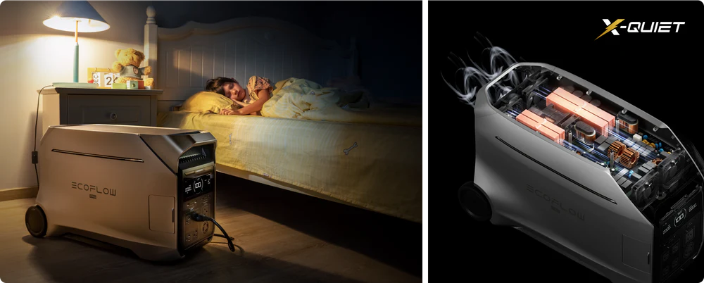 The EcoFlow Delta Pro 3 is running quietly through the night near a sleeping child.