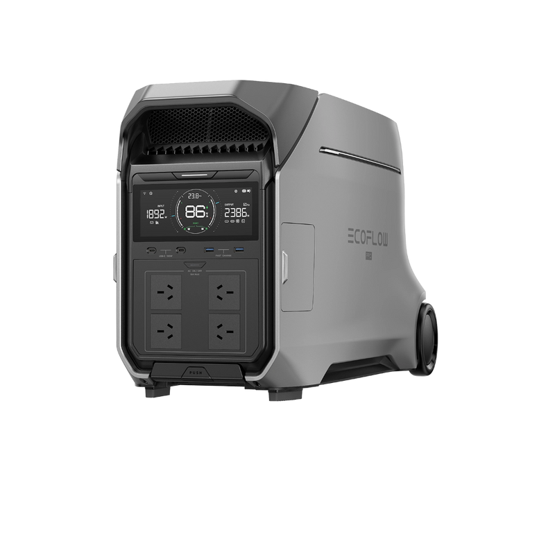Load image into Gallery viewer, EcoFlow DELTA Pro 3 portable power station, gray and black, with a digital display and four AC outlets.