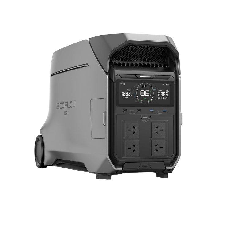 Load image into Gallery viewer, EcoFlow DELTA Pro 3 portable power station, gray with black accents, digital display, and four AC outlets.
