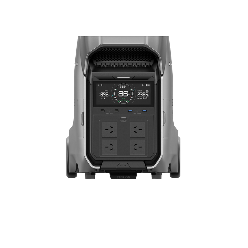 Load image into Gallery viewer, EcoFlow DELTA Pro 3 portable power station, gray, with digital display, multiple outlets, and wheels.
