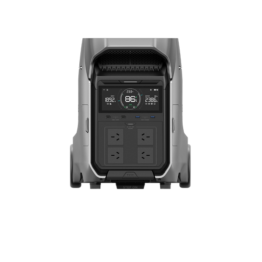 EcoFlow DELTA Pro 3 portable power station, gray, with digital display, multiple outlets, and wheels.