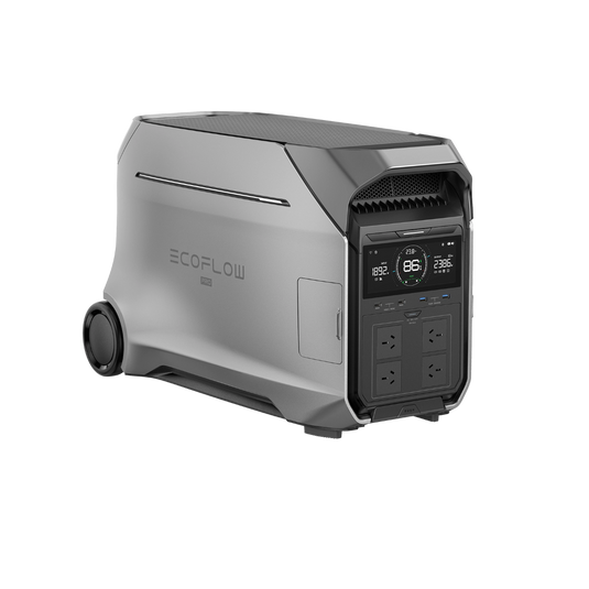 EcoFlow DELTA Pro 3 portable power station in silver and dark gray, with wheels and a digital display.