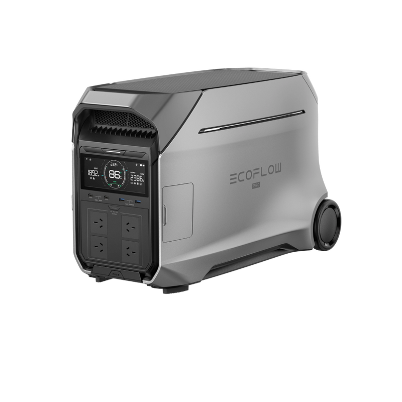 Load image into Gallery viewer, EcoFlow DELTA Pro 3 portable power station, silver and black, with display, multiple outlets, and wheels.
