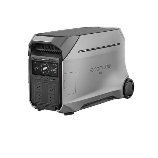 EcoFlow DELTA Pro 3 portable power station, silver and black, with display, multiple outlets, and wheels.
